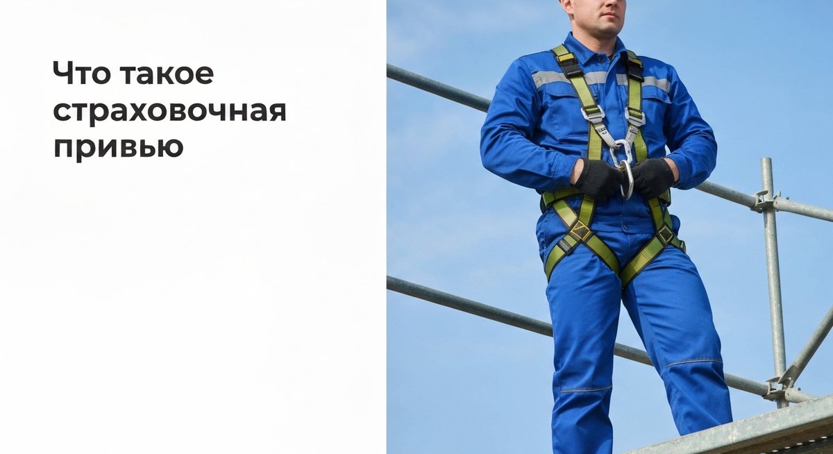 Строитель в страховочной привязи на высоте